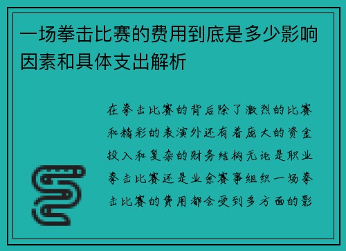 一场拳击比赛的费用到底是多少影响因素和具体支出解析