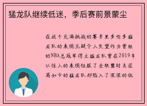 猛龙队继续低迷，季后赛前景蒙尘